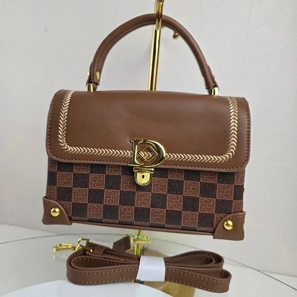 Checkered Top Handle Satchel Handbag Small Crossbody Brown Tan Vegan Leather Pur - Picture 3 of 11